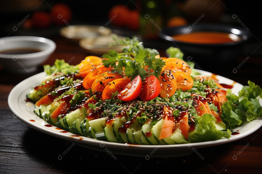 Explosão colorida salada fresca, camarões e croutons em harmonia.