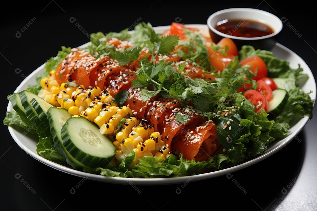 Explosão colorida salada fresca, camarões e croutons em harmonia.