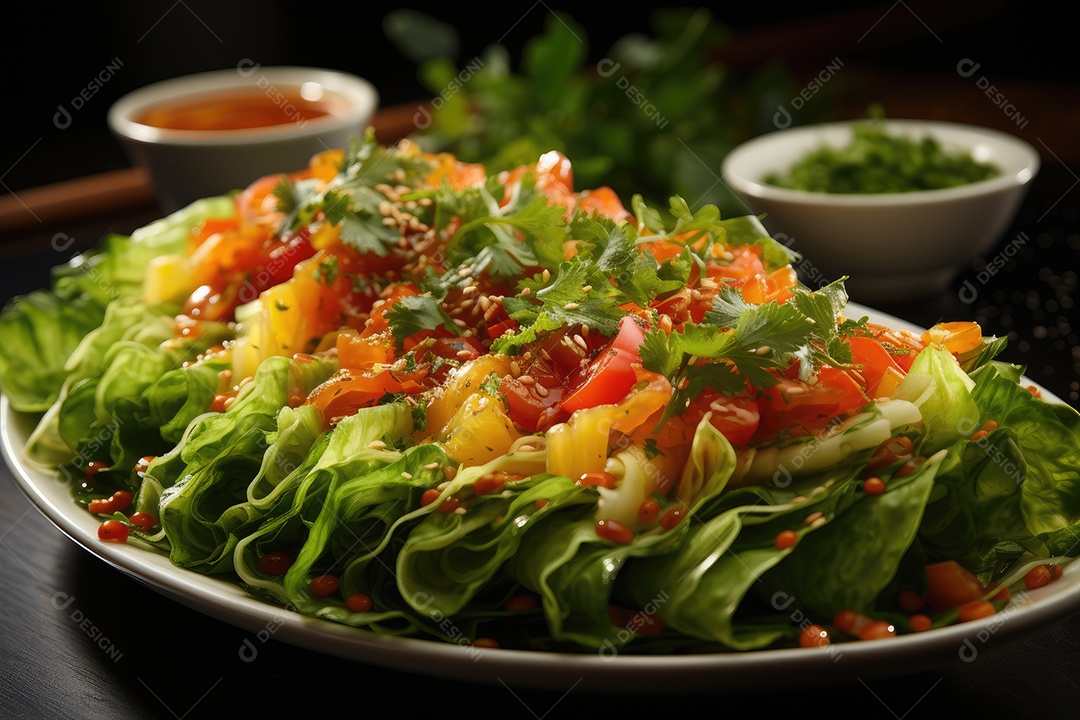 Salada colorida com folhas, legumes, frango grelhado e molho balsâmico.