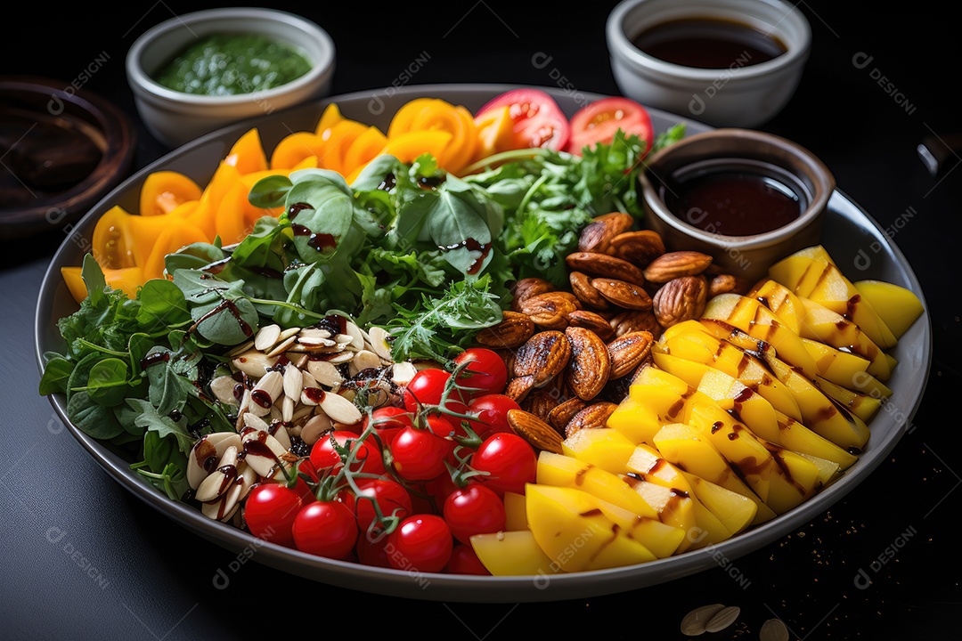 Explosão de cores e frescor salada vibrante com frutas, folhas e nozes