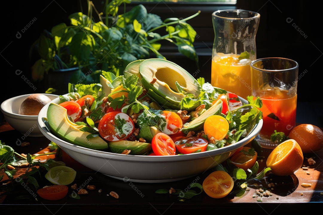 Explosão de cores e frescor salada vibrante com frutas, folhas e nozes