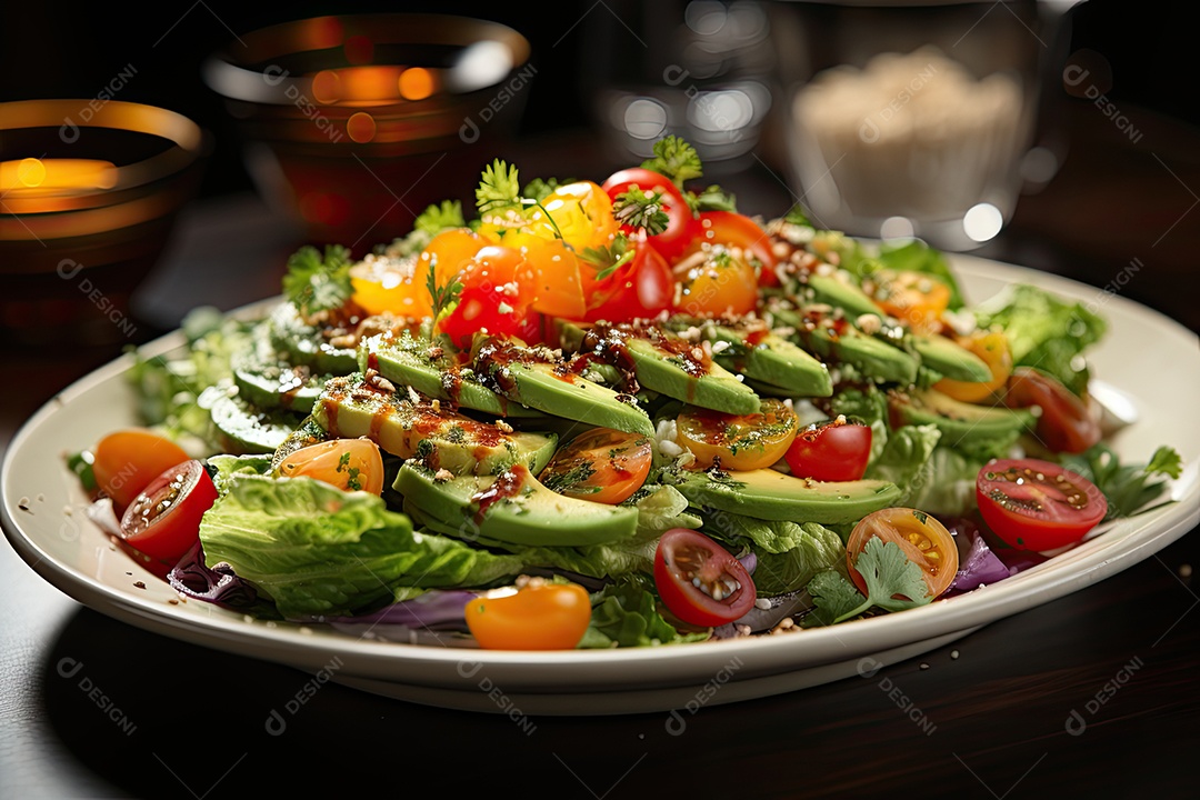 Explosão vibrante de cores em uma salada fresca e apetitosa.