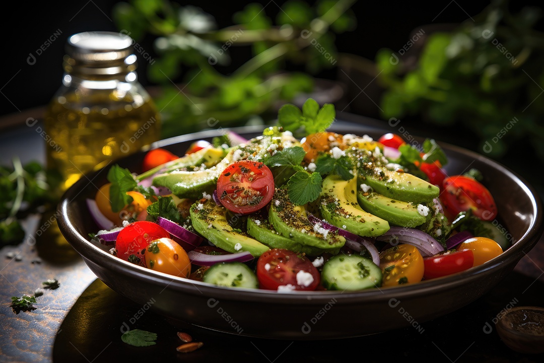 Explosão vibrante de cores em uma salada fresca e apetitosa.