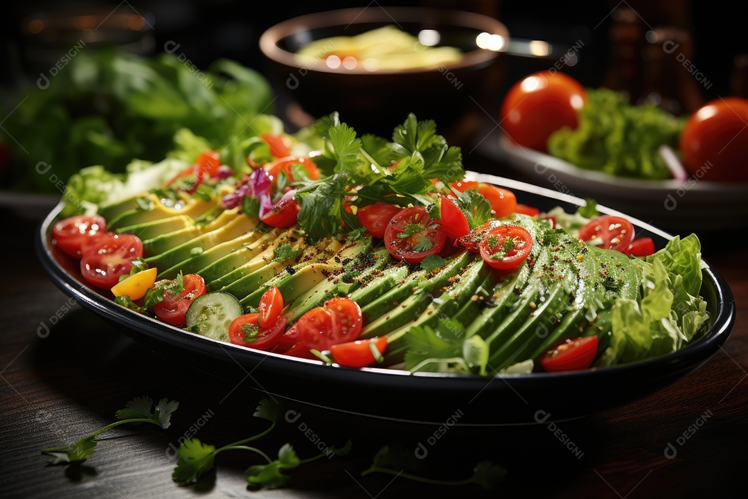 Explosão vibrante de cores em uma salada fresca e apetitosa.