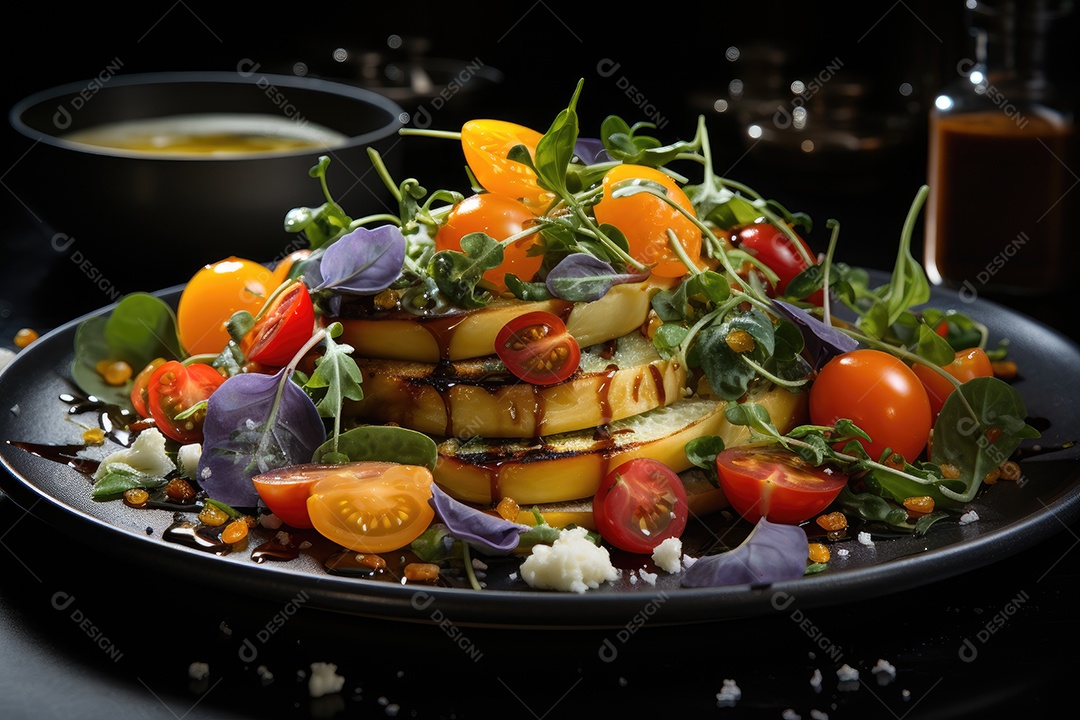 Explosão vibrante de cores em uma salada fresca e apetitosa.