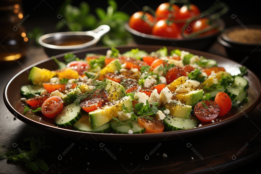 Salada primaveril vibrante cores, texturas e frescor em um prato.