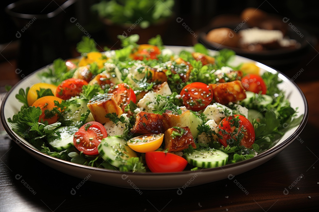 Salada primaveril vibrante cores, texturas e frescor em um prato.