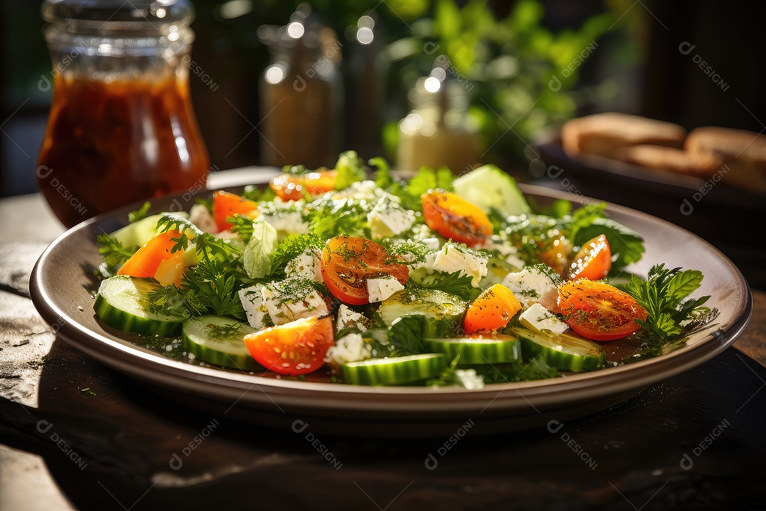 Salada primaveril vibrante cores, texturas e frescor em um prato.