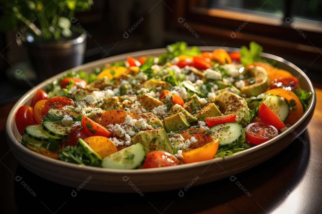 Salada primaveril vibrante cores, texturas e frescor em um prato.