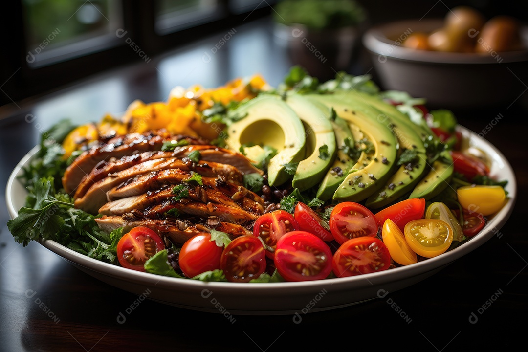 Salada vibrante folhas verdes, tomates, abacate, milho, manga e frango grelhado