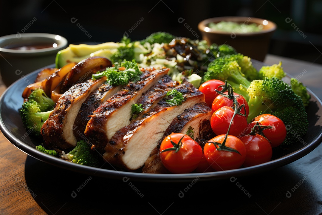 Refeição fitness vibrante quinoa, frango e vegetais coloridos em perfeita harmonia