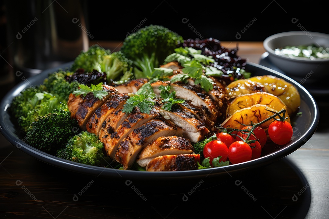 Refeição fitness vibrante quinoa, frango e vegetais coloridos em perfeita harmonia