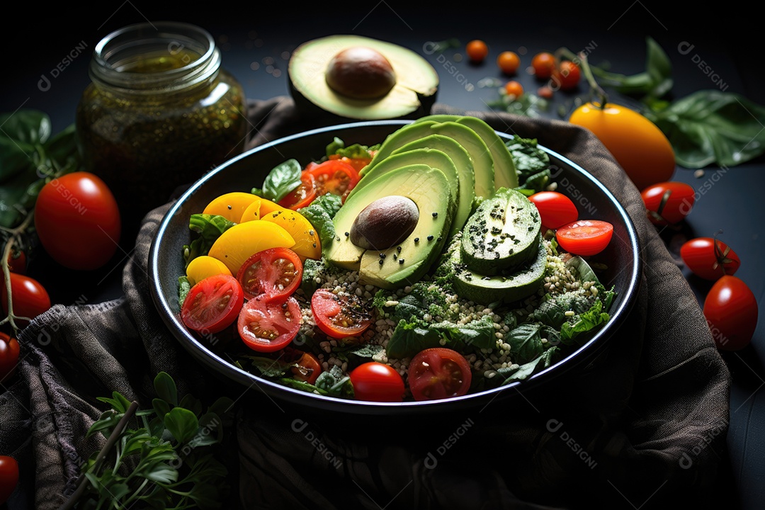 Refeição fitness vibrante quinoa, frango e vegetais coloridos em perfeita harmonia