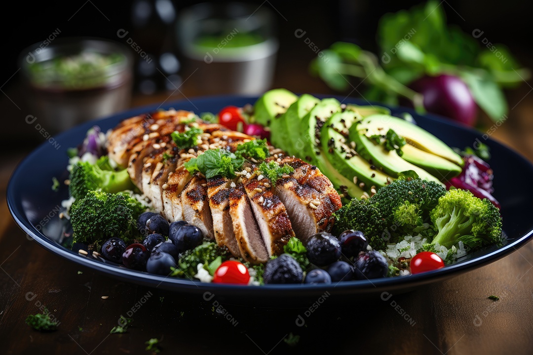 Refeição fitness vibrante quinoa, frango e vegetais coloridos em perfeita harmonia