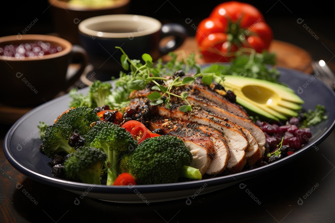 Refeição fitness vibrante quinoa, frango e vegetais coloridos em perfeita harmonia