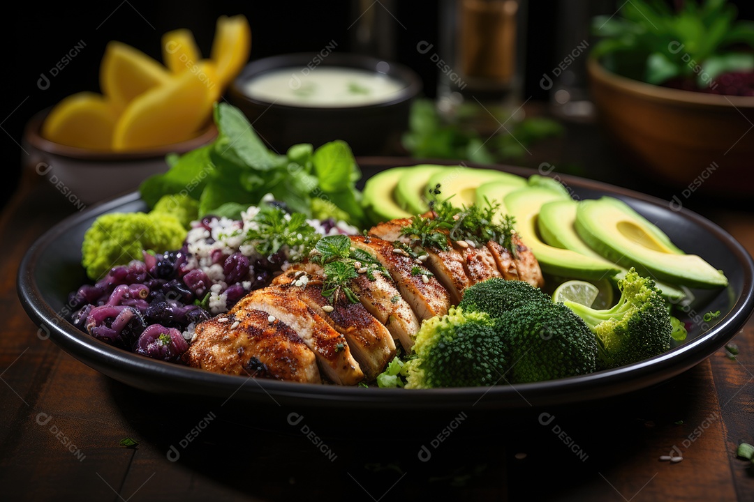 Refeição fitness vibrante quinoa, frango e vegetais coloridos em perfeita harmonia