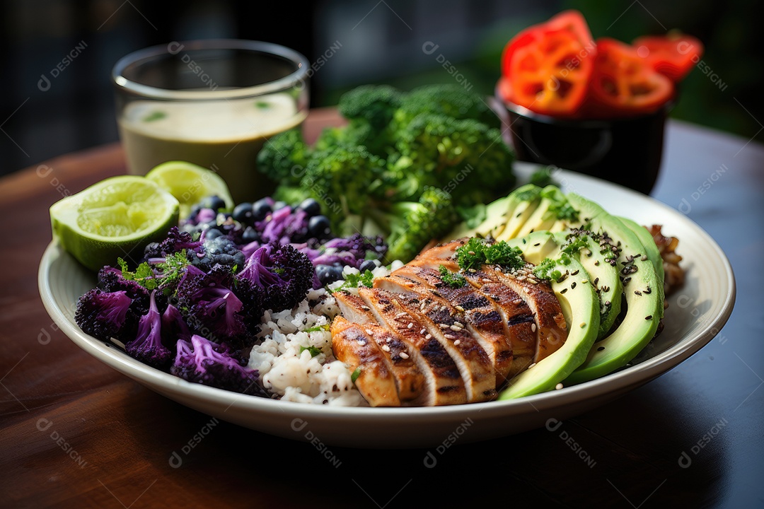 Refeição fitness vibrante quinoa, frango e vegetais coloridos em perfeita harmonia