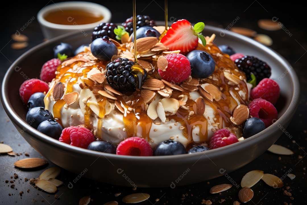 Manhã saudável iogurte, frutas e sementes