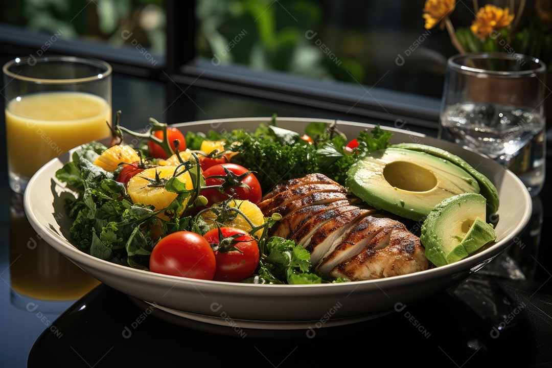 Prato fitness colorido frango, legumes e abacate.