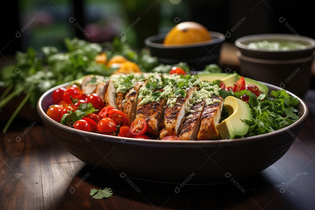 Salada colorida, frango grelhado