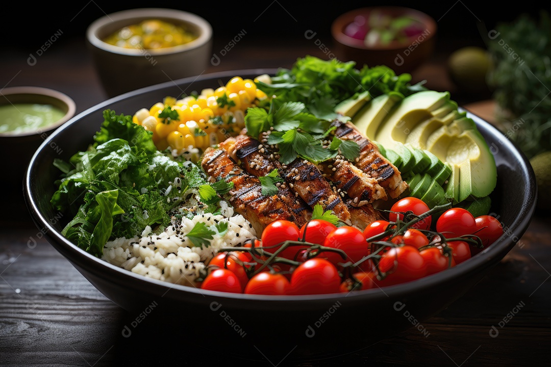 Salada colorida, frango grelhado