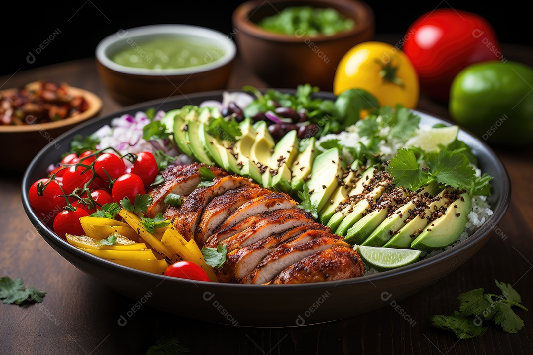 Salada colorida, frango grelhado