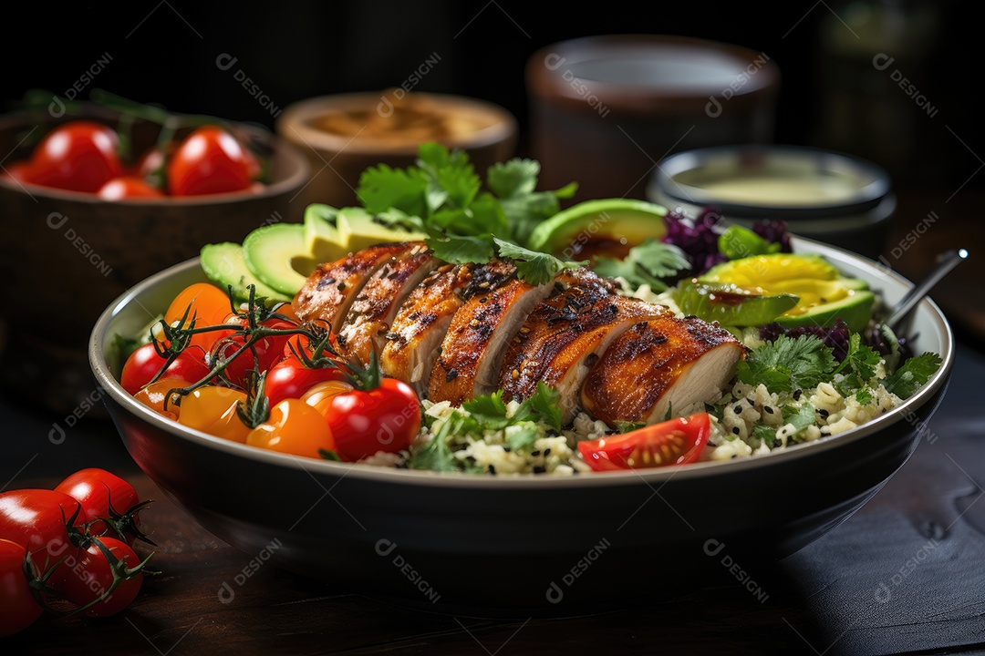 Tigela colorida de comida fitness fresca e apetitosa.