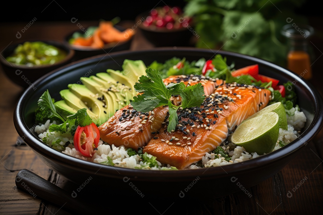 Tigela vibrante exibe refeição fitness colorida com salmão suculento