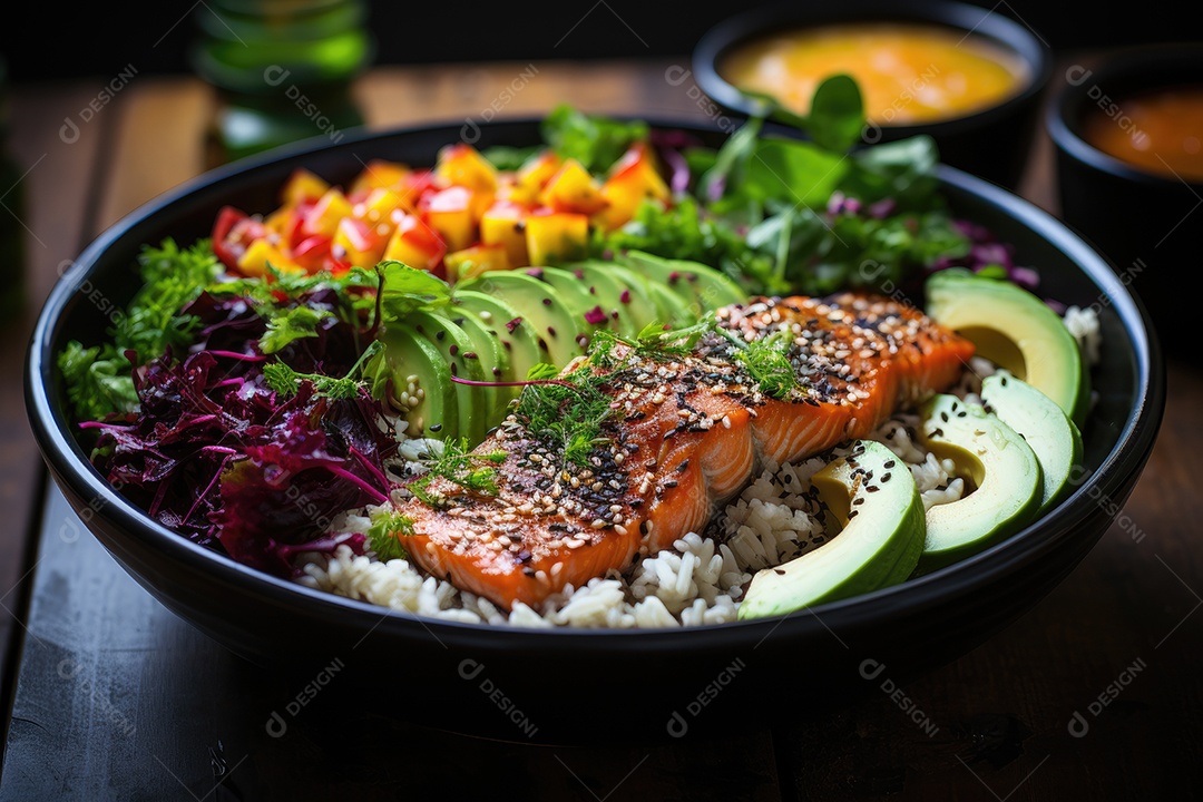 Tigela vibrante exibe refeição fitness colorida com salmão suculento