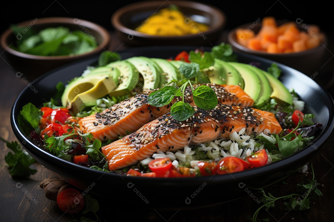 Tigela vibrante exibe refeição fitness colorida com salmão suculento