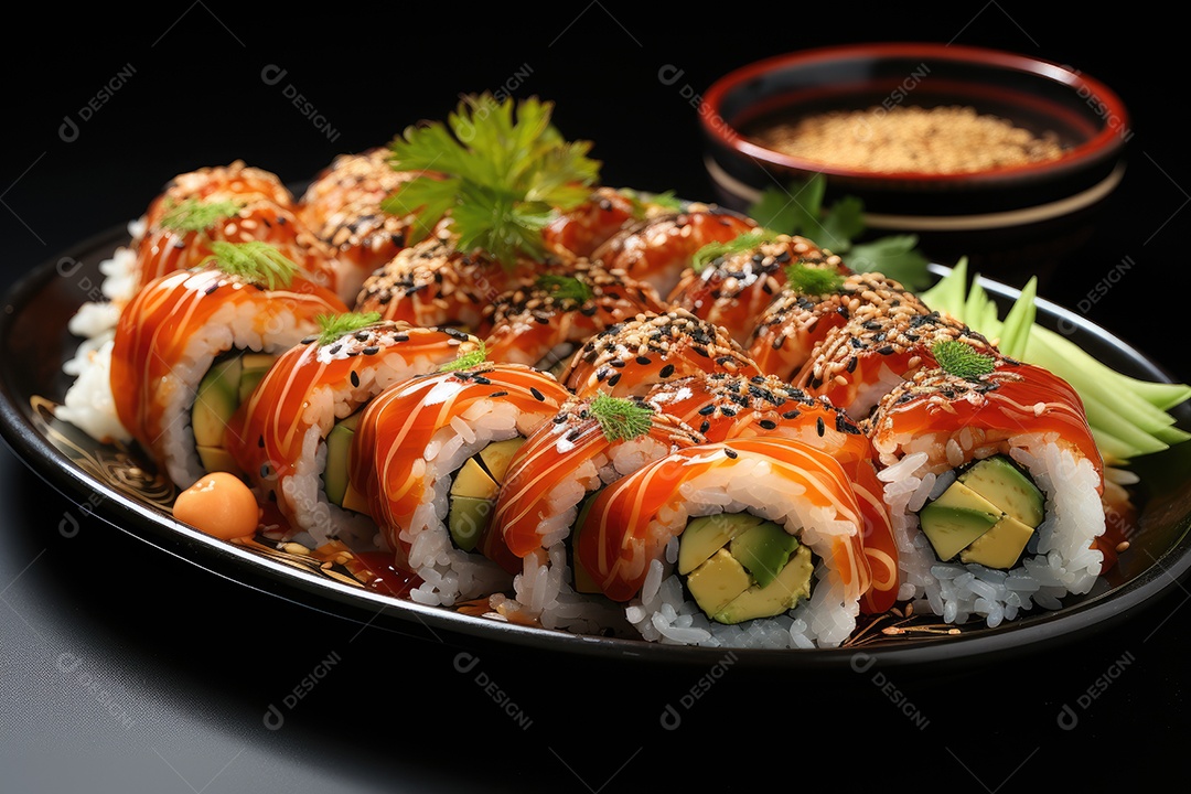 Prato com peças de comida japonesa, sushi