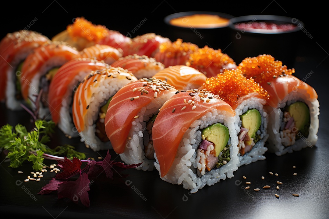 Prato com peças de comida japonesa, sushi