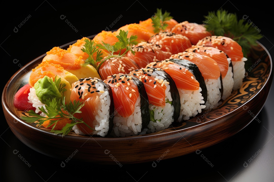 Prato com peças de comida japonesa, sushi