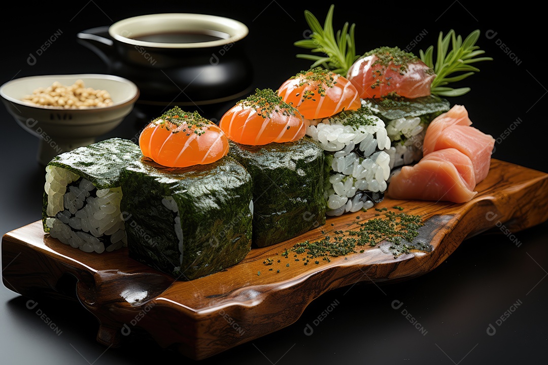 Prato com peças de comida japonesa, sushi