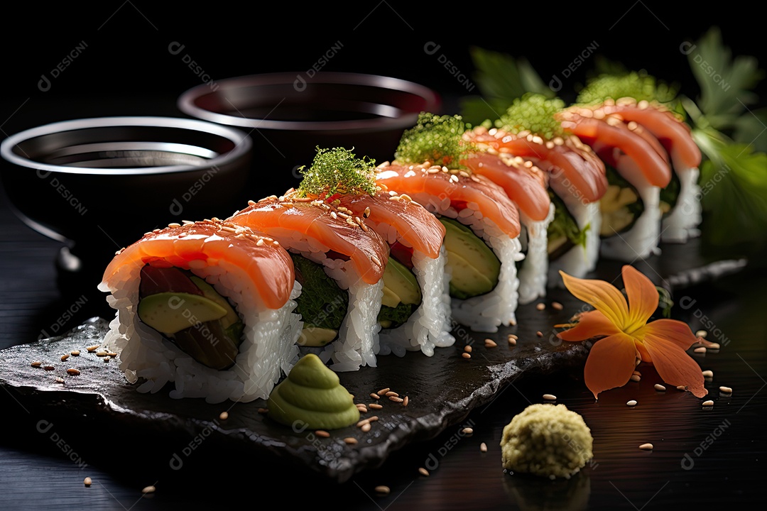 Prato com peças de comida japonesa, sushi