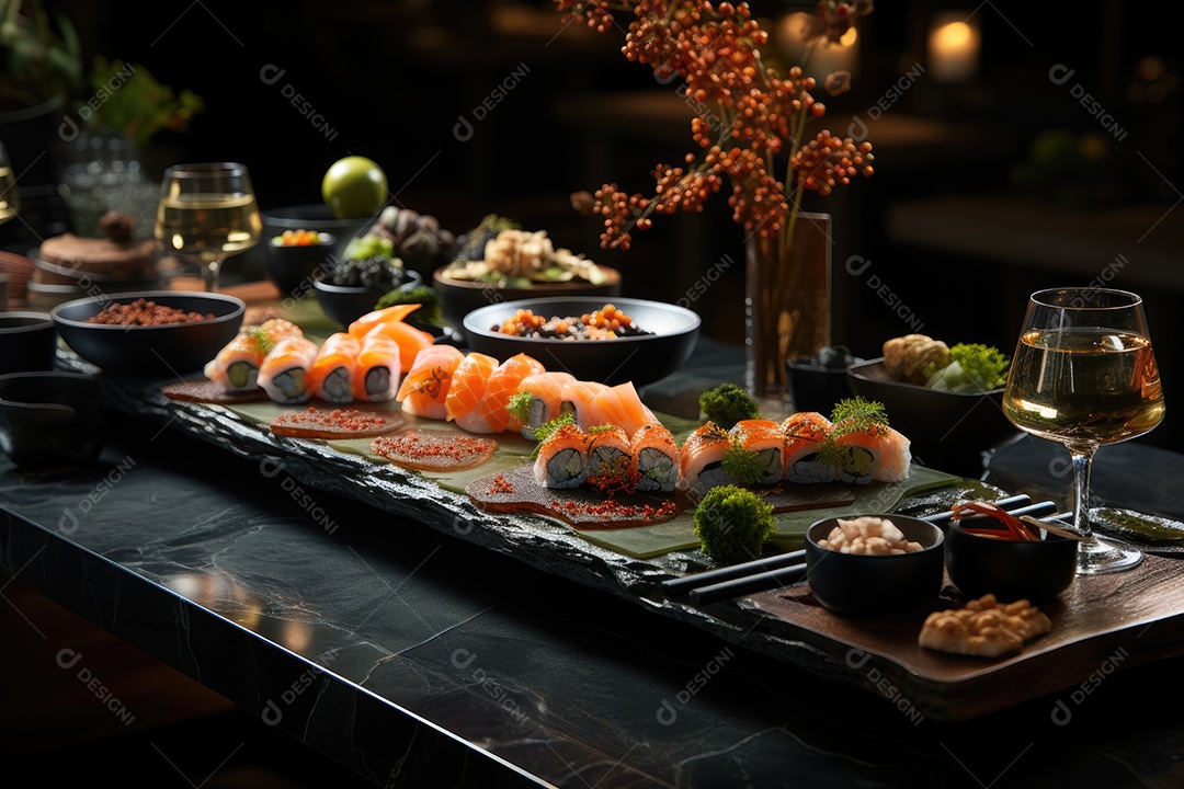 Prato com peças de comida japonesa, sushi