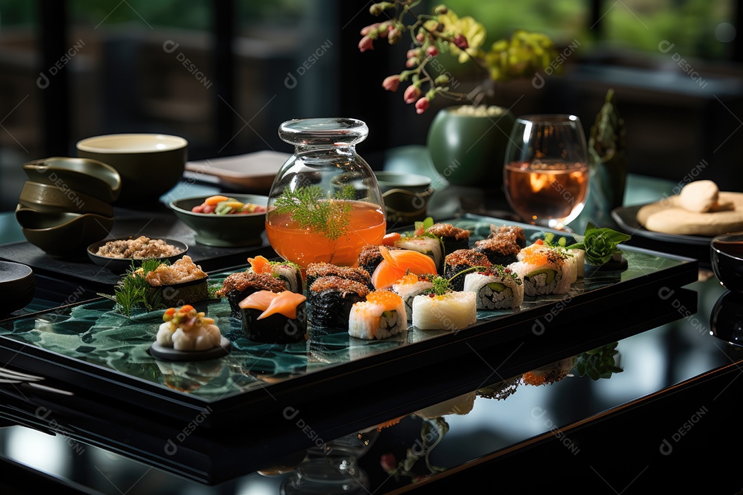 Prato com peças de comida japonesa, sushi