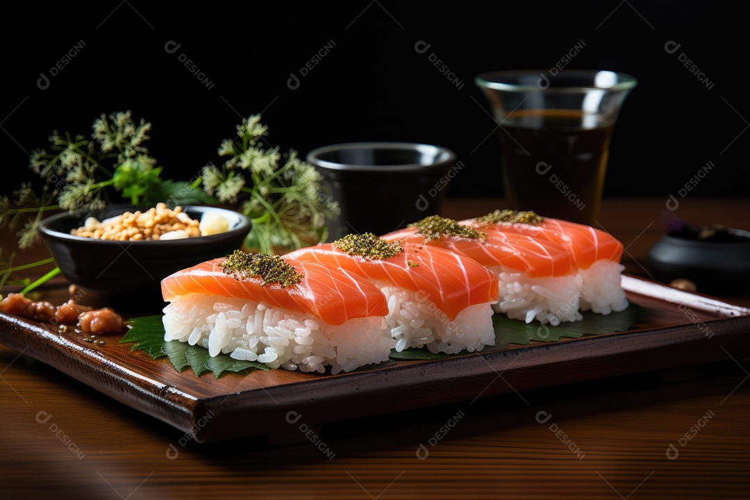 Prato com peças de comida japonesa, sushi