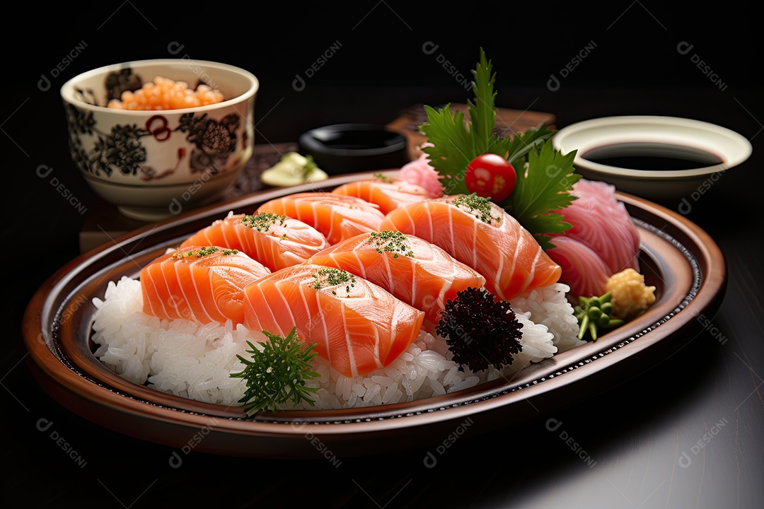 Prato com peças de comida japonesa, sushi