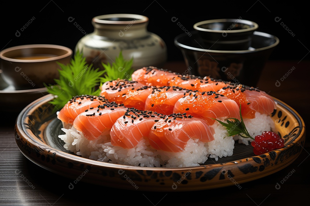 Prato com peças de comida japonesa, sushi