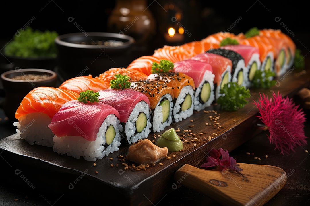 Prato com peças de comida japonesa, sushi