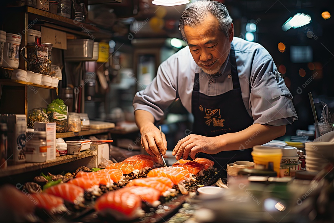 Sushiman habilidoso com comida japonesa)