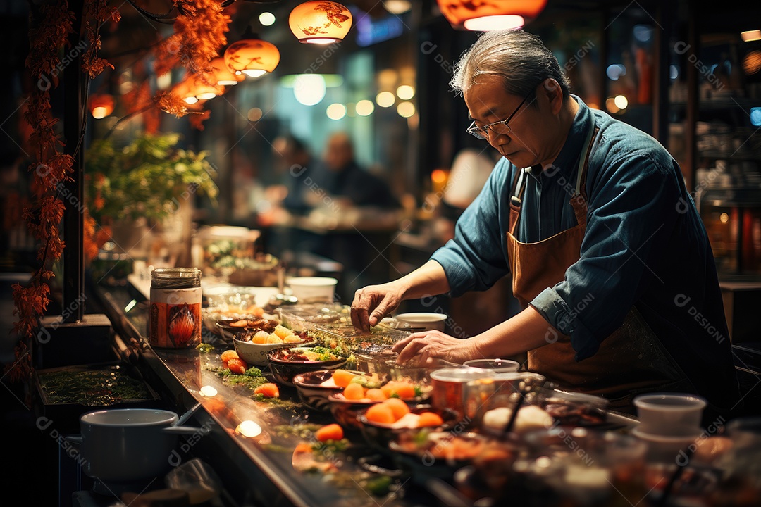 Sushiman habilidoso com comida japonesa