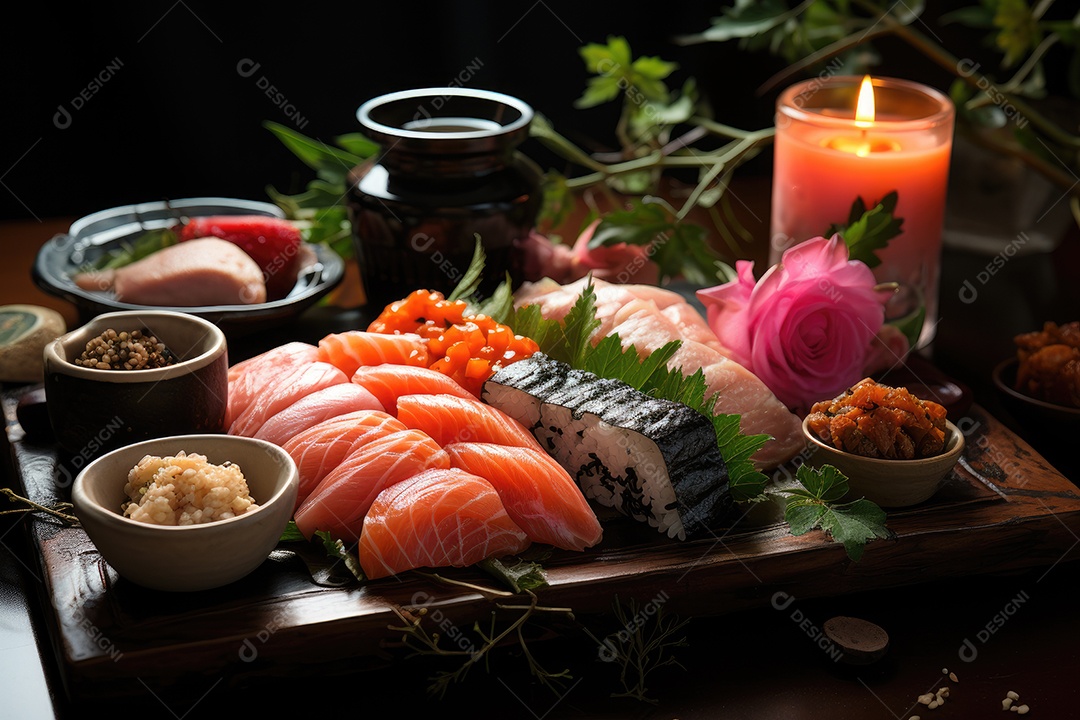 Prato com peças de comida japonesa, sushi