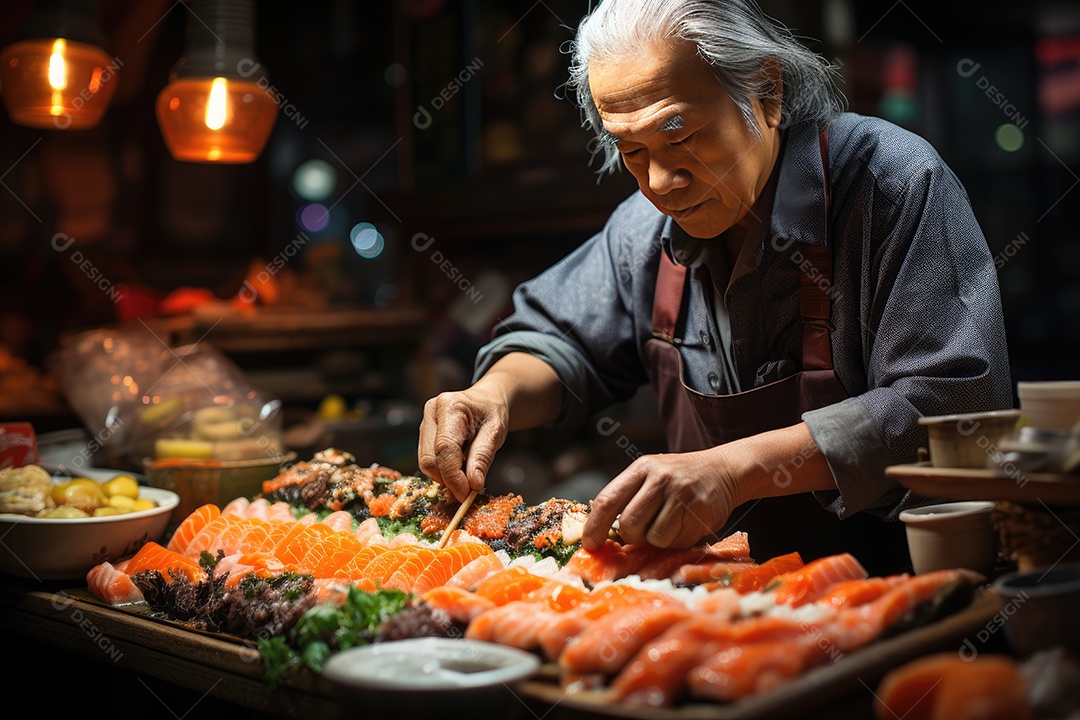 Chef de sushi habilidoso cria peças enquanto clientes observam atentos.
