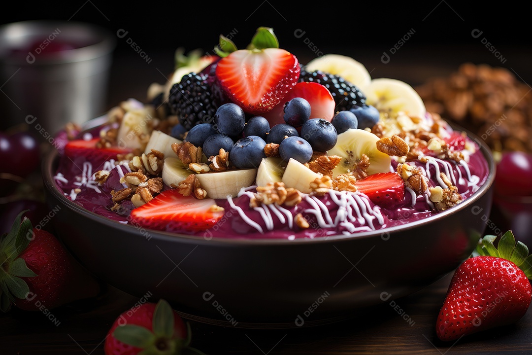 Tigela tropical de açaí cores vivas, frescor na selva.