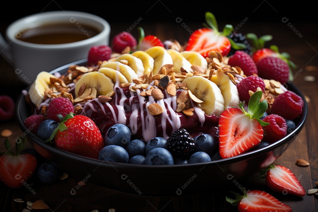 Tigela tropical de açaí cores vivas, frescor na selva.