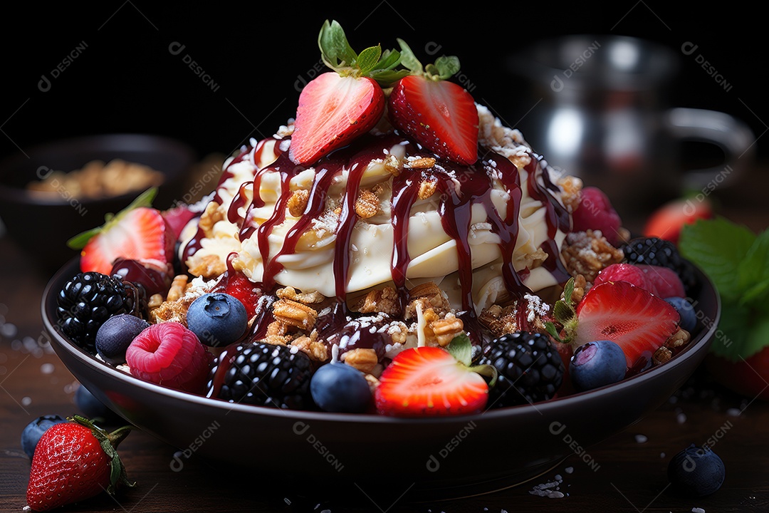 Tigela tropical de açaí cores vivas, frescor na selva.