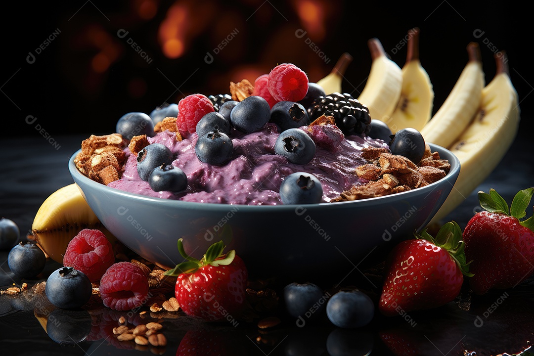 Tigela tropical de açaí cores vivas, frescor na selva.