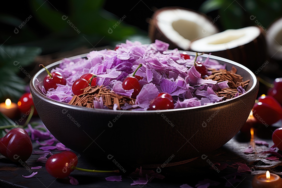 Tigela tropical de açaí cores vivas, frescor na selva.